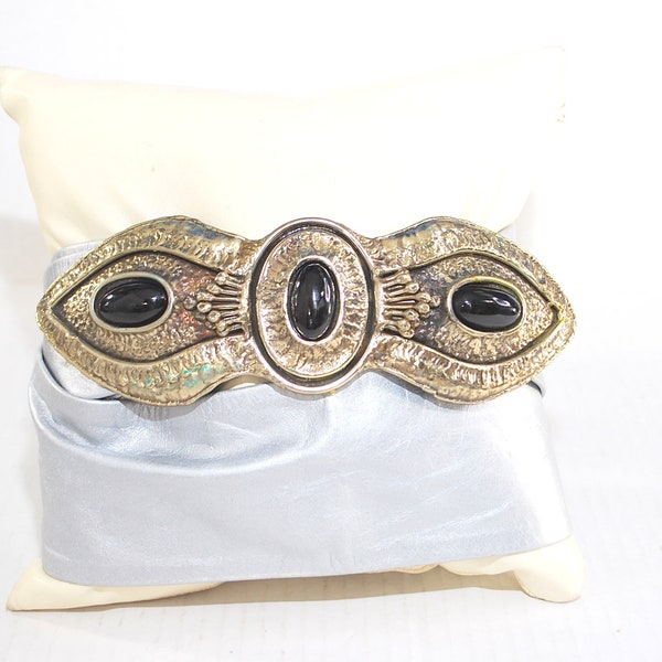 Vintage Silver Soft Leather Belt with Oversized Gold Jeweled Buckle One size/Large/Adjustable