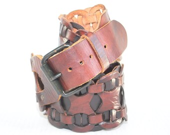 Vintage Superwide Brown Leather Braided Belt M/L
