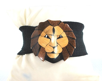 Vintage Black Elastic LION FACE Belt XS/Small