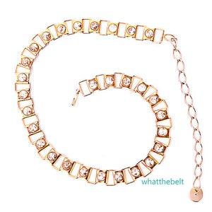 Vintage Belt 60s Gold Link Chain Belt with White Jewels Beads Medium