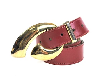 Vintage 80s Calderon Burgundy Leather Belt with Bold Gold Metal Buckle Small