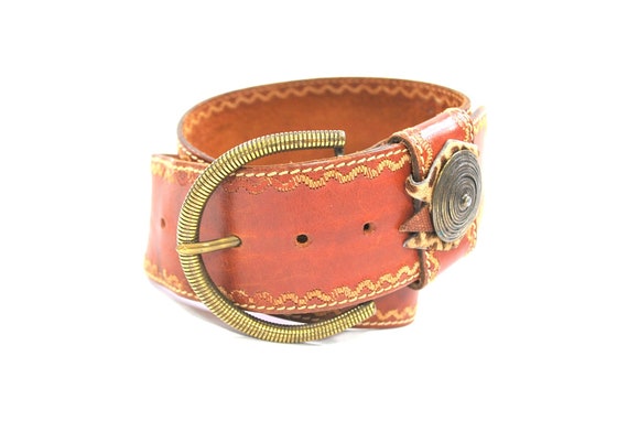 Vintage Tan Brown Leather Belt With Oversized Gold Buckle - Etsy
