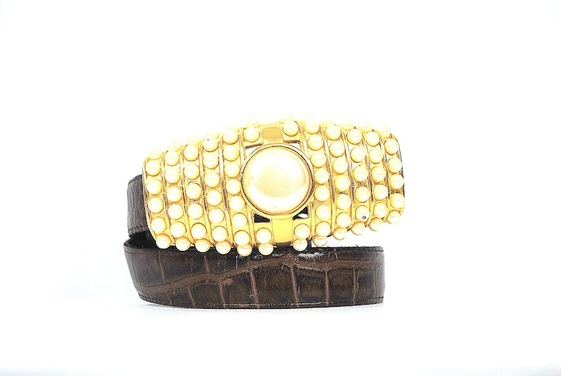 Vintage Belt Brown Leather Band with Heavy Faux Pearl Gold Metal Buckle SM