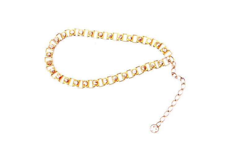 Vintage Belt 60s Gold Link Chain Belt with White Jewels Beads Medium