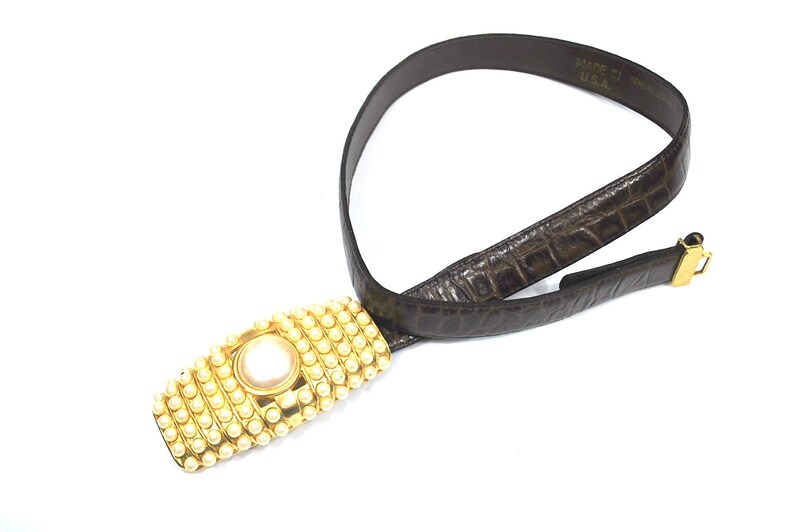 Vintage Belt Brown Leather Band with Heavy Faux Pearl Gold Metal Buckle SM