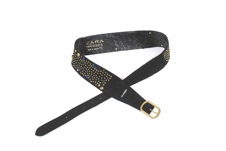 Vintage Belt Black Suede Jewled Studded Wide Belt Studded Medium