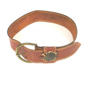 Vintage Tan Brown Leather Belt With Oversized Gold Buckle - Etsy