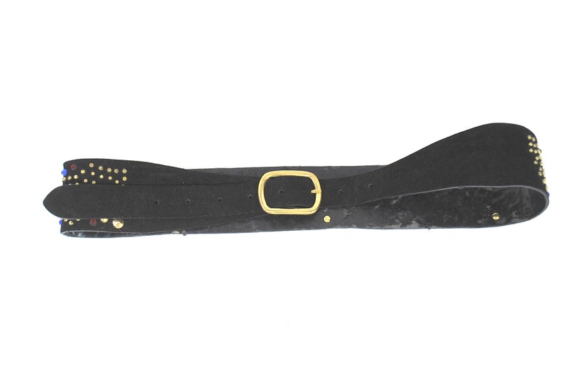 Vintage Belt Black Suede Jewled Studded Wide Belt Studded Medium