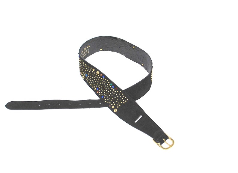 Vintage Belt Black Suede Jewled Studded Wide Belt Studded Medium