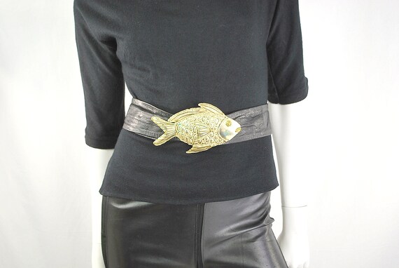 Vintage 70s Soft Black Leather Belt with O rnate … - image 7