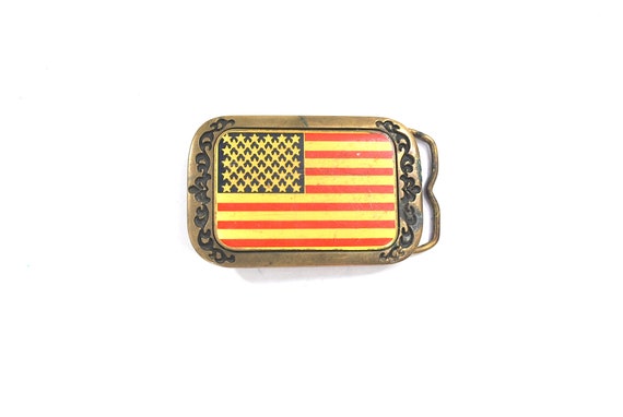 Vintage 60s 70s American Flag Solid Brass Belt Bu… - image 1