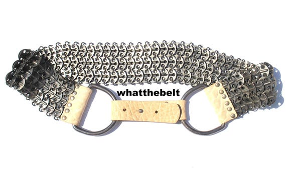 Vintage Belt Beige Leather Wide Silver Chain Steam