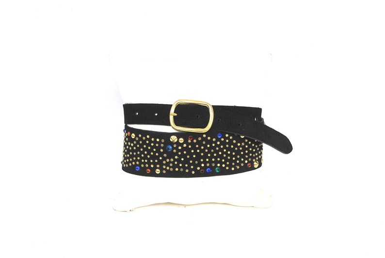Vintage Belt Black Suede Jewled Studded Wide Belt Studded Medium
