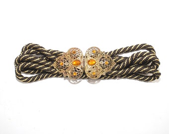 Vintage Elastic Cord Stretch Belt Dark Brown with Ornate Gold Metal Jewled Hook Buckle XS/S