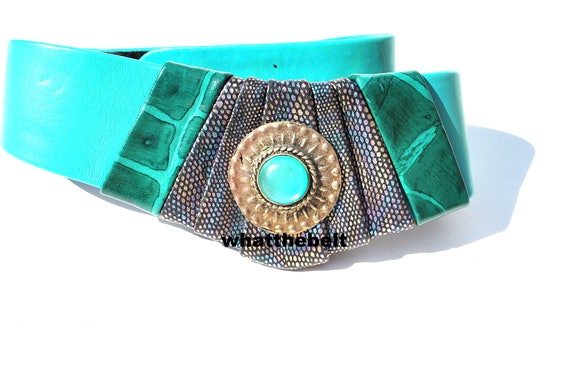 Vintage Belt Wide Green Leather Leather Belt 80s 9