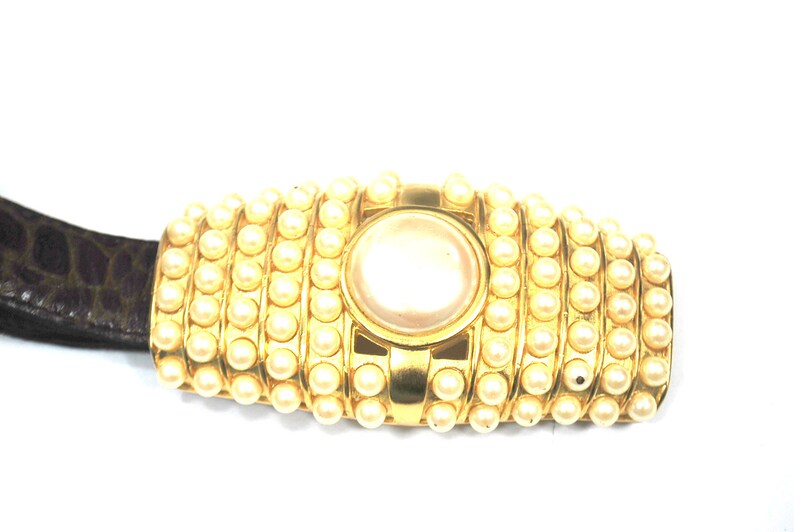 Vintage Belt Brown Leather Band with Heavy Faux Pearl Gold Metal Buckle SM