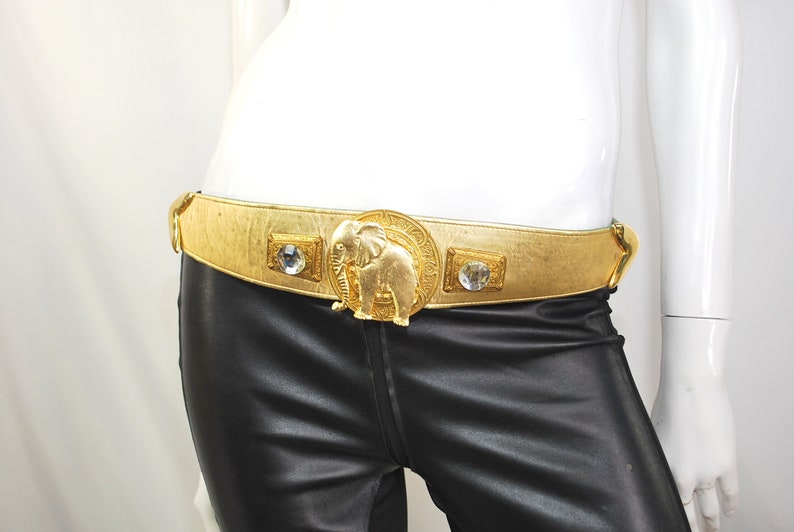 Vintage 80s Gold Faux Leather Elephant Belt Fits M/L image 9