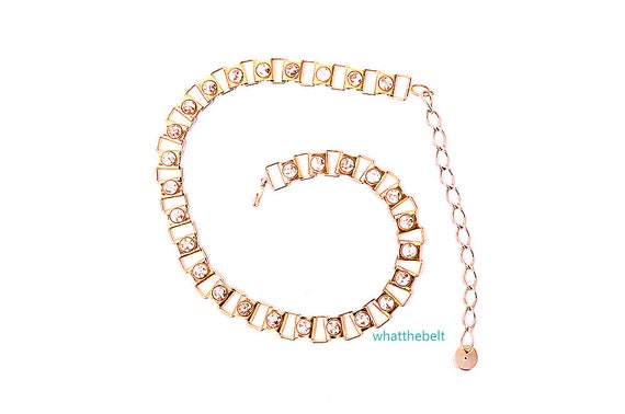 Vintage Belt 60s Gold Link Chain Belt with White Jewels Beads Medium