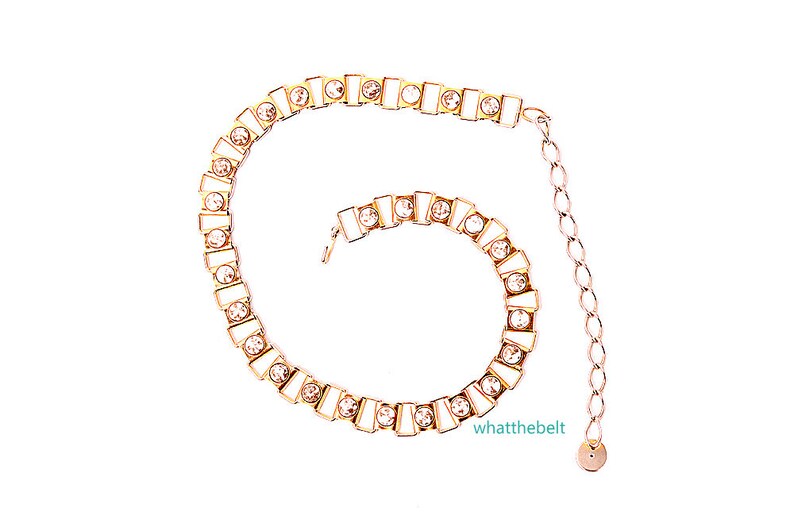 Vintage Belt 60s Gold Link Chain Belt with White Jewels Beads Medium