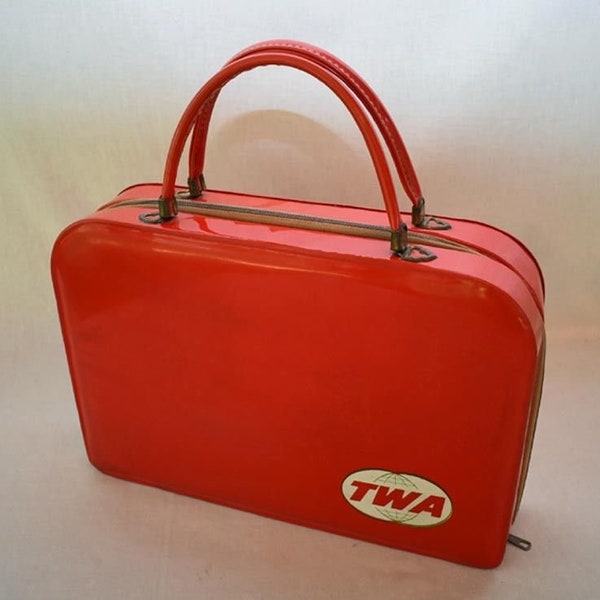 RARE Vintage 1960s Cherry Red TWA Hard Shell Carrying Case Very Roomy Laptop Size Writer's Box Valise Overnight Bag 13.5x9x3in