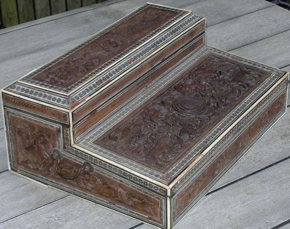 Very Rare Antique 19thc Hand Carved Sandalwood Anglo Indian Writing Slope Lap Desk Document Stationary Box Campaign Secret Compartments