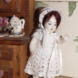 Antique Doll Dress, Pants, Bonnet for 3.5 to 4&quot; Miniature Picolette Cabinet Dollhouse Doll Dress Set
