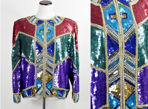 Dazzling vintage rainbow chevron sequin jacket. X