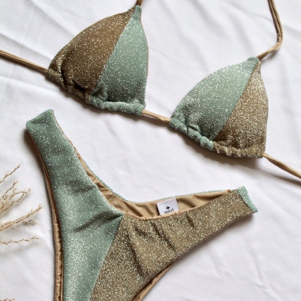 Albachiara, sparkling lurex bikini, pale green and sand