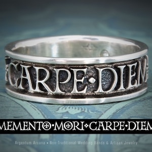 Carpe Diem Ring, Memento Mori Ring, Medieval Jewelry, Unique Mans Ring, Latin Inscription Jewelry, Inspirational Message Jewelry, Sterling