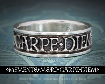 Carpe Diem Ring, Memento Mori Ring, Medieval Jewelry, Unique Mans Ring, Latin Inscription Jewelry, Inspirational Message Jewelry, Sterling