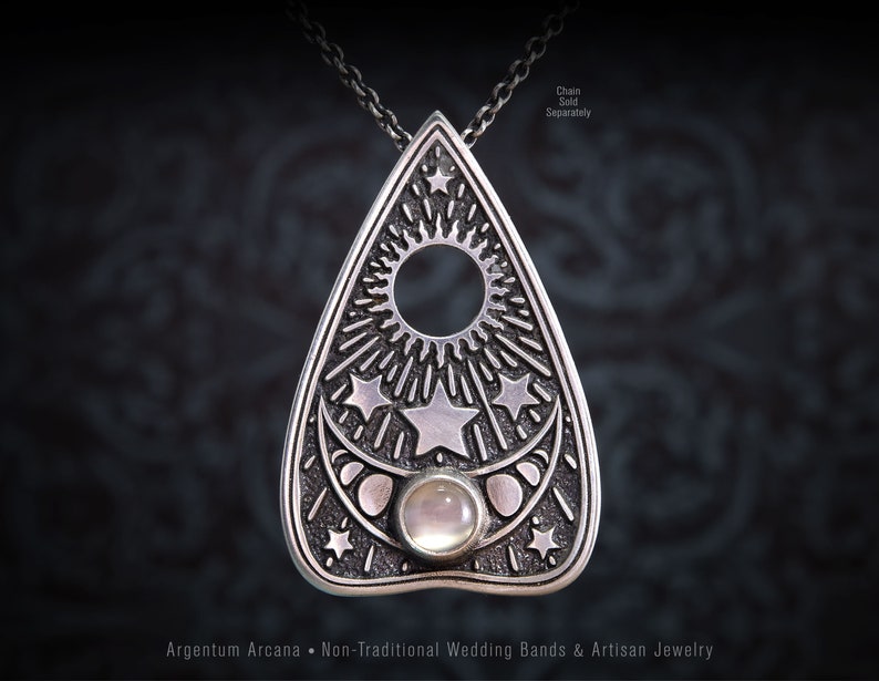 Ouija Planchette Necklace, Moonstone, Moon Phase Jewelry, Witchy Jewelry, Goth Style, Wiccan, Sterling Silver, Gothic Jewelry image 8