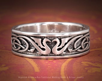 Man's Celtic Dragon Ring, Medieval Wedding Band, Artisan Jewelry, Silver Celtic Knot, Renaissance Style, Unique Mans Wedding Ring