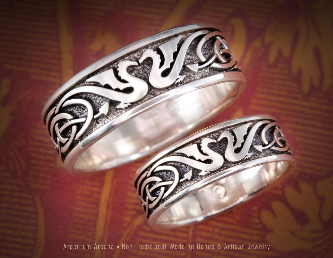 Celtic Dragon Wedding Rings Matching Pair, Medieval Artisan