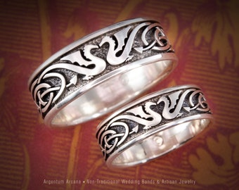 Celtic Dragon Wedding Rings: Sterling Silver His and Hers Set