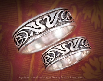 Celtic Dragon Wedding Rings Matching Pair, Medieval Artisan Jewelry, Unique Wedding Bands, His and Hers Celtic Knot Rings, Renaissance Style