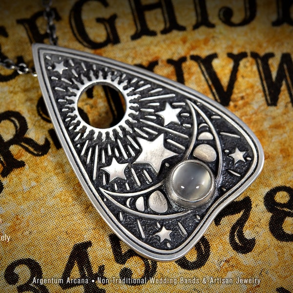 Ouija Planchette Necklace, Moonstone, Moon Phase Jewelry, Witchy Jewelry, Goth Style, Wiccan, Sterling Silver, Gothic Jewelry