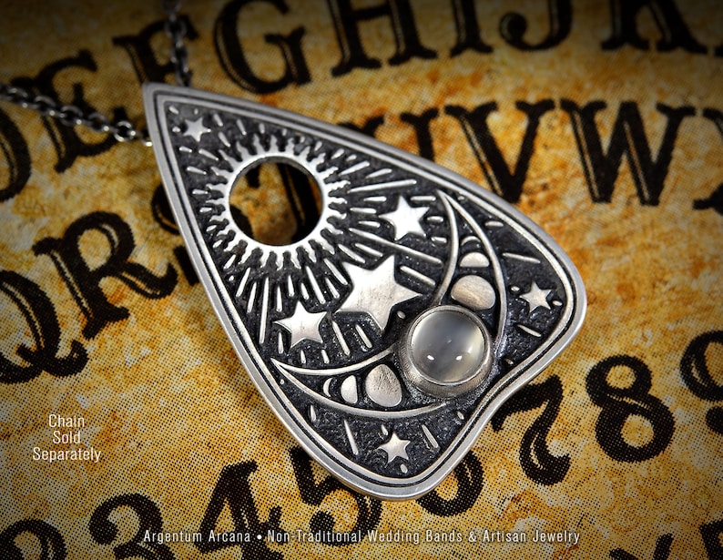 Ouija Planchette Necklace, Moonstone, Moon Phase Jewelry, Witchy Jewelry, Goth Style, Wiccan, Sterling Silver, Gothic Jewelry image 1