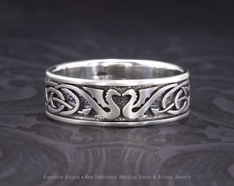 Womans Celtic Dragon Ring, Medieval Wedding Band, Artisan Jewelry, Silver Celtic Knot, Renaissance Style, Unique Womans Wedding Ring