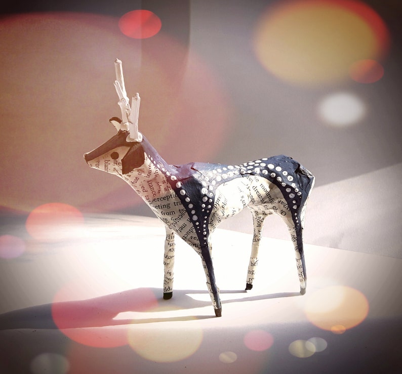 Recycled Book Pages Paper Mache Animals Art MADE TO ORDER Little Reindeer Paper Model Miniature Stag Deer Sculpture Ornament Decoration