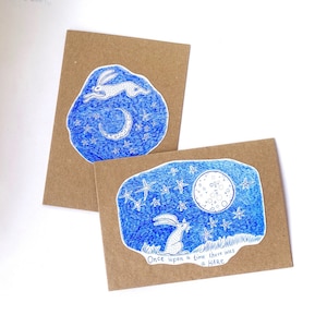 Blaue Hasen- und Mondkarten - 2er Set - VERSANDFERTIG