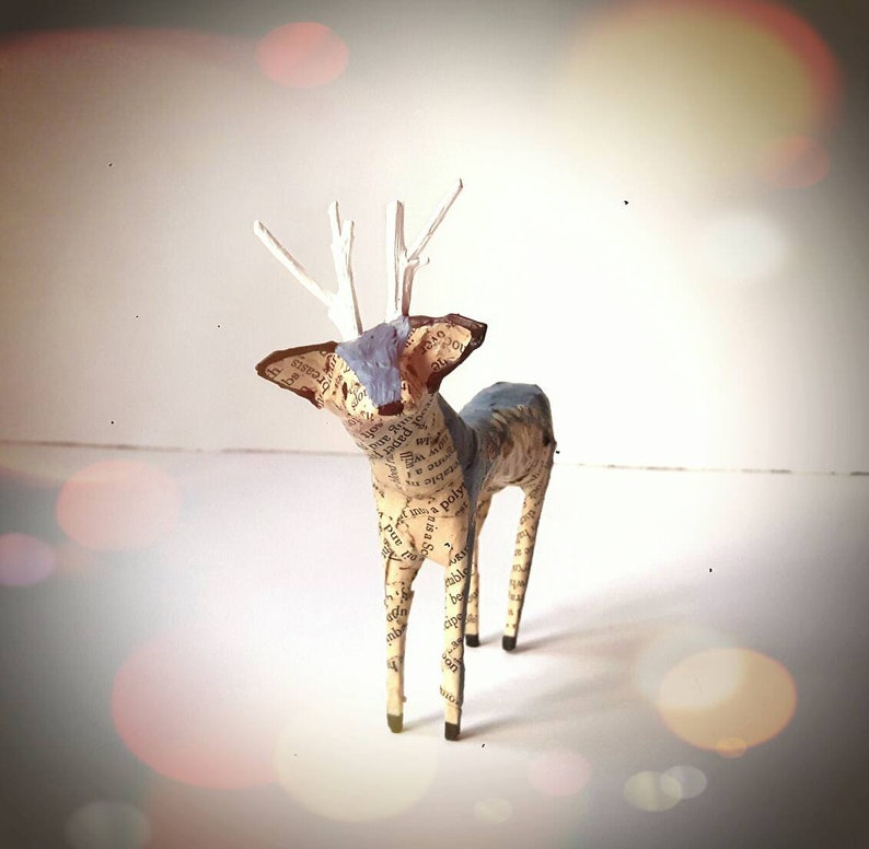 Recycled Book Pages Paper Mache Animals Art MADE TO ORDER Little Reindeer Paper Model Miniature Stag Deer Sculpture Ornament Decoration