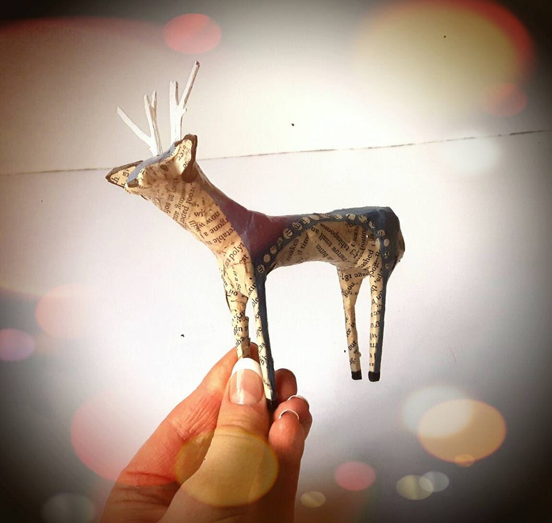 Recycled Book Pages Paper Mache Animals Art MADE TO ORDER Little Reindeer Paper Model Miniature Stag Deer Sculpture Ornament Decoration