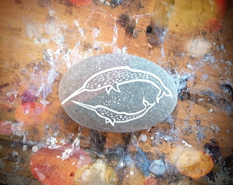 Narwhal Mother + Calf Painted Stone - MADE TO ORDER
