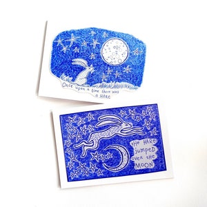 Cartes Lièvre Bleu et Lune - Ensemble de 2 - PRÊT À EXPÉDIER