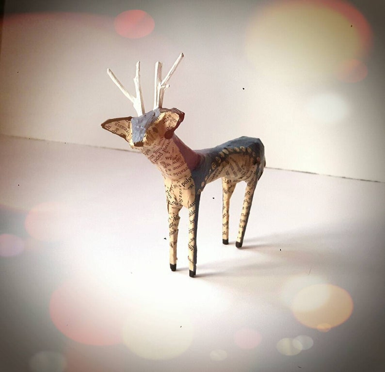 Recycled Book Pages Paper Mache Animals Art MADE TO ORDER Little Reindeer Paper Model Miniature Stag Deer Sculpture Ornament Decoration