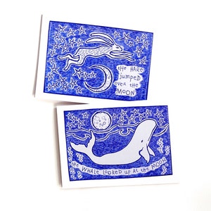 Hase und Wal Karten | 2er-Set | Versandfertig | Natur inspirierte Tierzeichnung Drucke | Niedliche Geburtstags-Dankeschön-Notizen Idee | Blaue Wandkunst