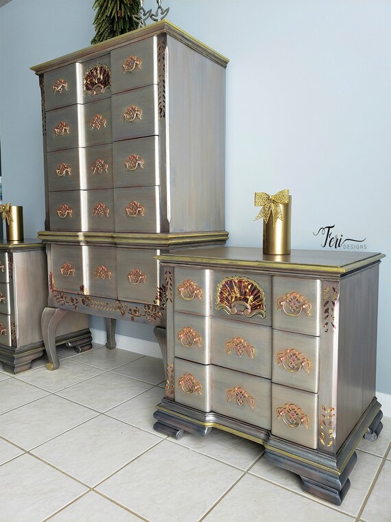 Metallic Silver Bohemian Gold Leaf Bedroom Furniture