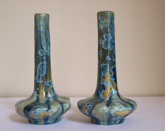 French Pierrefonds Crystalline Pottery Twin Stem Vases Circa 1910-1920 Art Nouveau