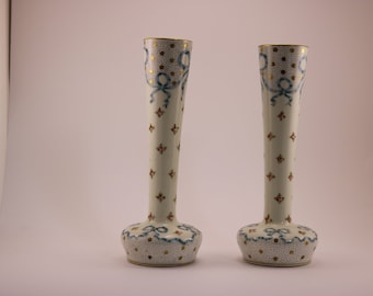 Old French Pierrefonds Fine Earthenware Pair of Stem Vase