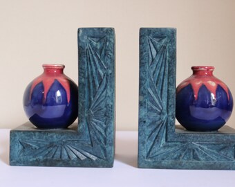 French Pierrefonds Crystalline  Bookends Circa 1910-1920 Art Nouveau